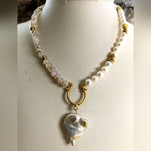 White Opal W/ Gold Specks Beads & Natural Pearls W/ Pearl Pendant Necklace